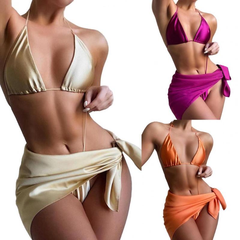 

Women' Swimwear Summer Women Bikinis Set Swimsuit Halter Bra Low Rise G-strings Cover Up Solid Color Three Pieces Bikini Sexy 2022, Orange