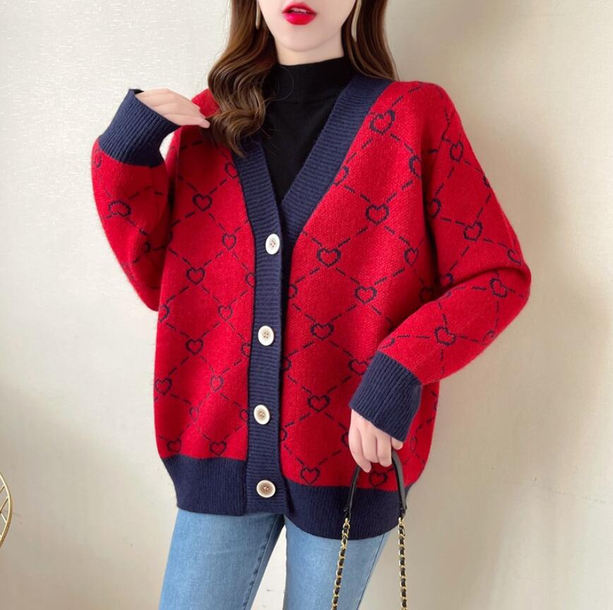 

New Women Sweaters Cardigan Winter Casual Jacquard V-neck Sweaters Female Vintage Pink Knitwear Top, Green