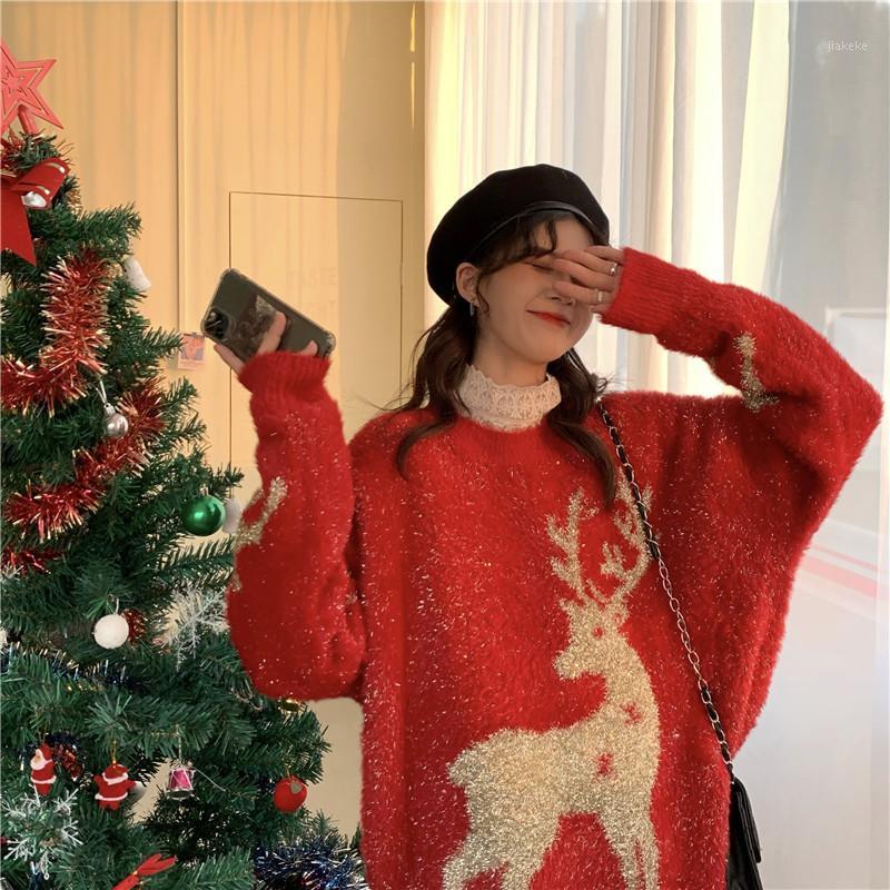 

Women's Sweaters Christmas Elk Shape Sequin Design Feeling Loose Mohair Thickened Autumn And Winter Top Fashion, Red