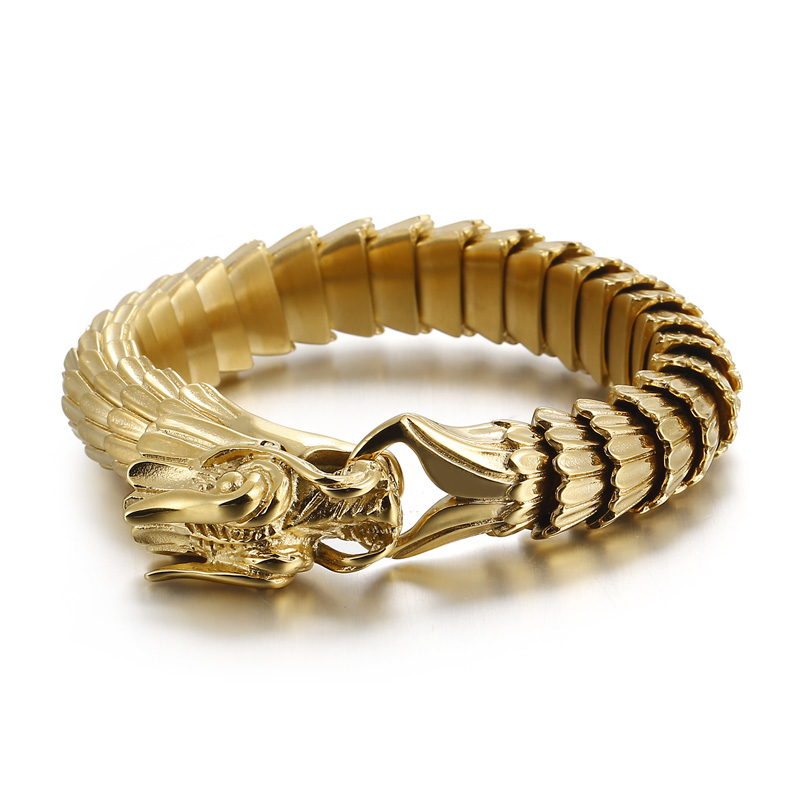 Gold Zodiac Dragon Bracelet Scale Pattern Domineering Men's Link Chain Bracelet Vintage Stainless Steel Keel Bangle 15mm 8.66 Inch 155g Weig