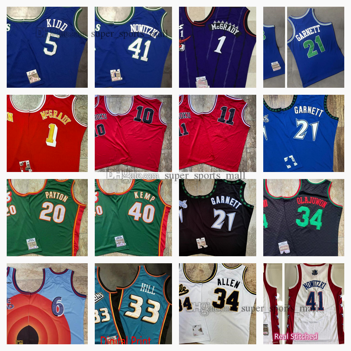 

Real Stitched Retro Mitchell and Ness Basketball Jerseys 21 Kevin 34 Hakeem Garnett Olajuwon 1 Tracy 41 Dirk McGrady Nowitzki 5 Kidd 6Tune Allen Kemp Payton Jersey, As picture