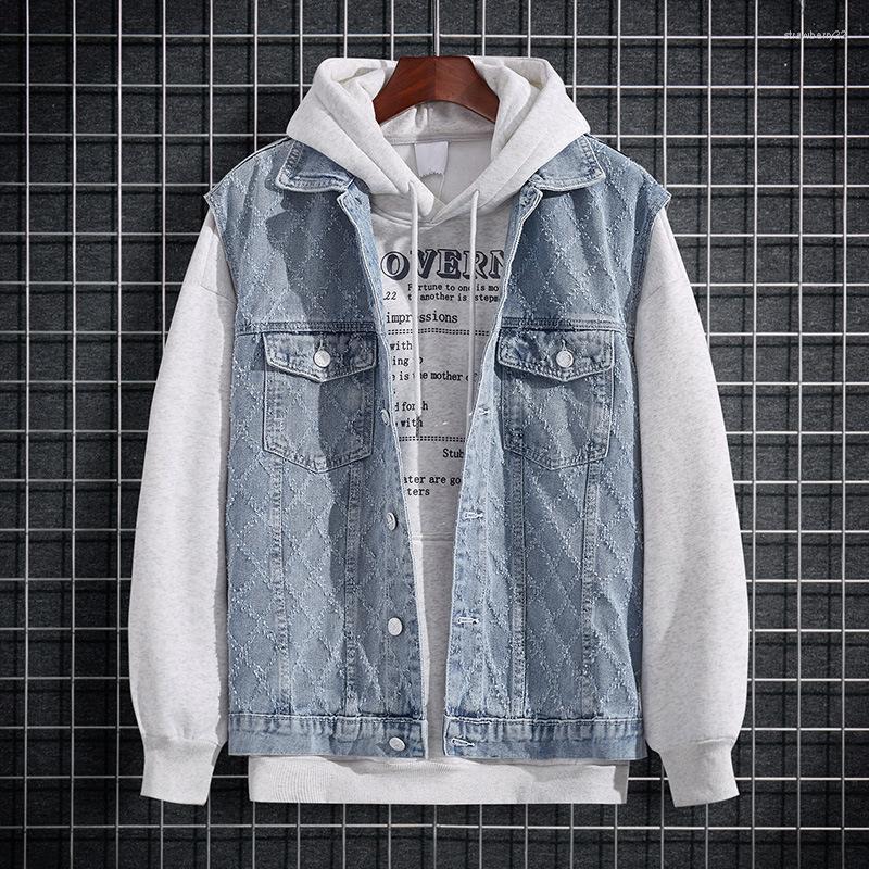 

Men' Vests 2022 Spring Denim Vest Plaid Jacquard Casual Handsome Stra22, Blue