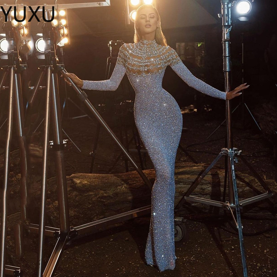 2022 Arabic Mermaid Prom Dresses Aso Ebi Silver Lace Beaded Evening Dresses sequined high Neck Formal Party Seond Reception Gowns-image-770986201