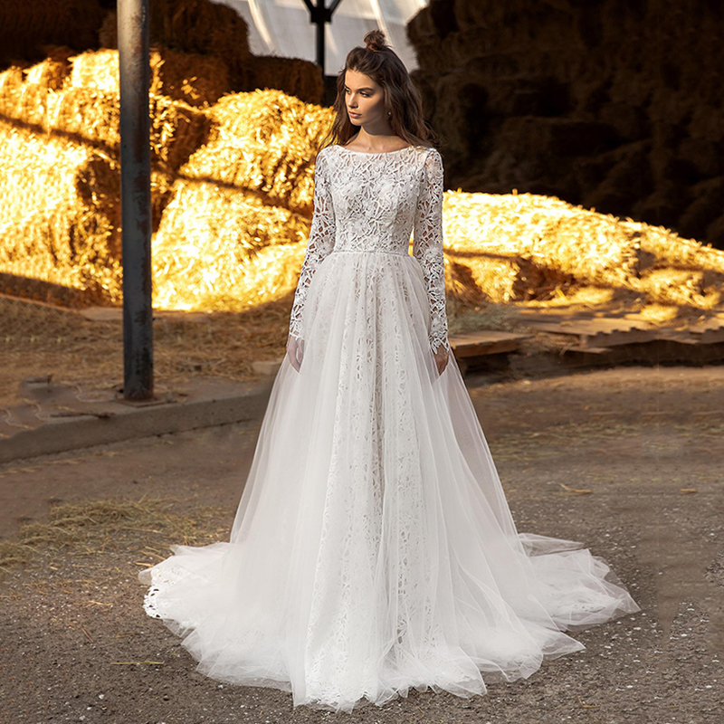 2022 Boho Long Sleeve Wedding Dresses Lace A Line Scoop Neck Tulle Vestidos De Novia Sexy Backless Beach Bridal Gowns-image-760638834