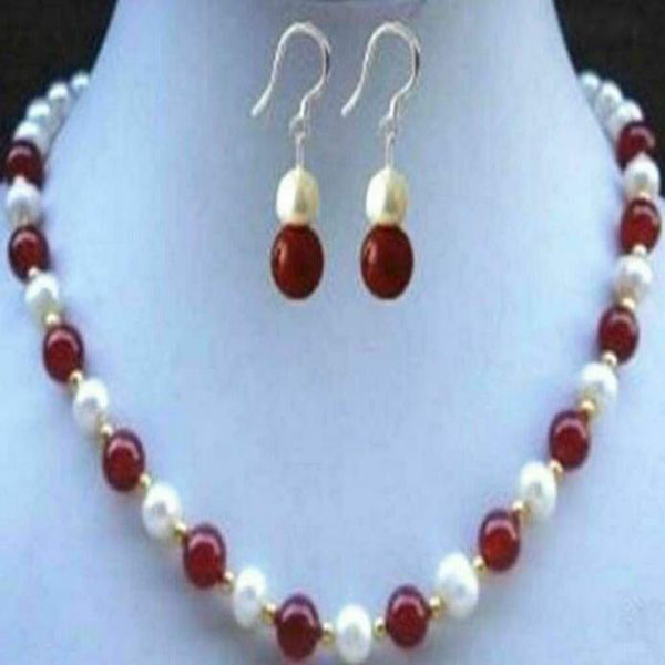 

8mm Natural Red Jade Beads White Akoya Cultural Pearl Necklace Earrings Set 18''