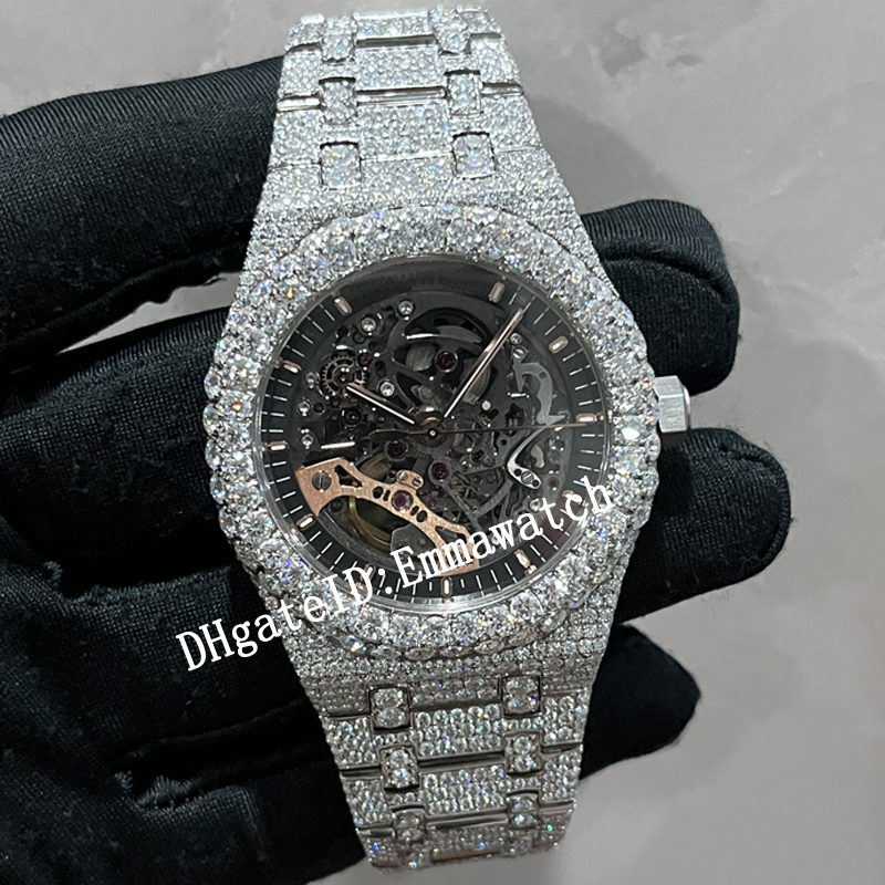 

Emmawatch New Version Moissanite stones Skeleton Watch PASS TEST Mens diamonds Top quality Mechanical ETA movement Luxury Full Iced Out Sapphire shiny Watches, Only box and papers
