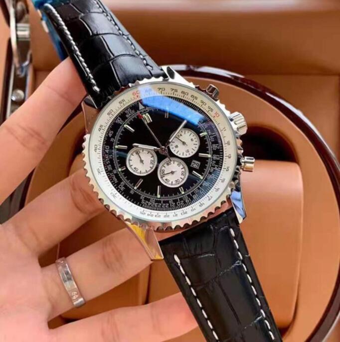 

high quality Mens Watches 45mm Aviation timing stainless steel Quartz Chronograph Watch Leather strap sports Military, 50m waterproof