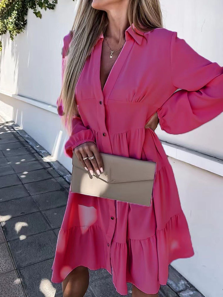 

Women Elegant Solid Long Sleeve Button Party Dress Fall Fashion Lapel Pleated Ruffle Female Mini Casual Loose Shirt 220721, 04 black