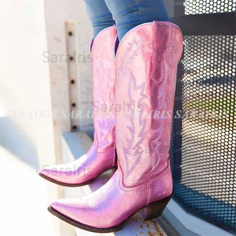 

Cowboy Women Western Boots Autumn Winter Pink Knee High Cowgirl Boots Pointed Toe Embroidery Great Quality Women Shoes 220813, Pink 1