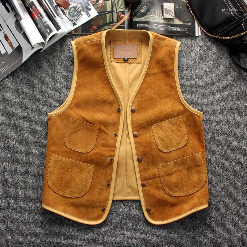 

Men's Vests Yellow 2022 American Casual Style Genuine Leather Vest Men Single Breasted Large Size 4XL Real Natural Cowhide Spring Coat Phin2