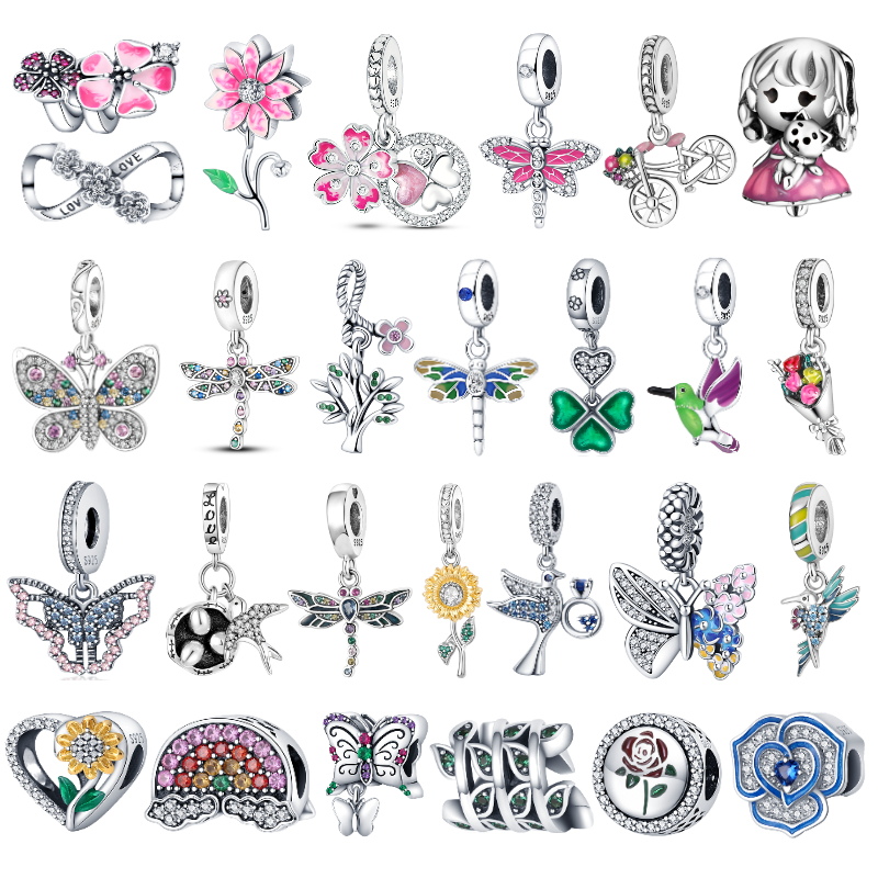 925 Perles de charme en argent enracinement couleurs de printemps Charms de fleur de printemps Dragonfly Butterfly Perle Fit Charms Bracelet Bric
