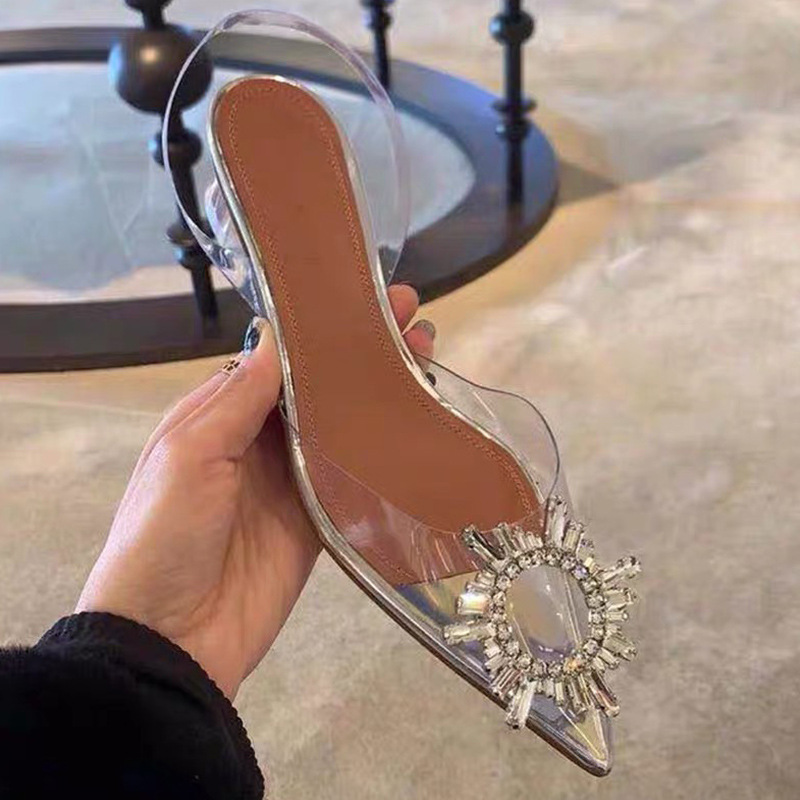 

Women Sandals Shoes High Heel Dress Pumps sunflower Summer Silk Point Toe Stilettos Solid Wedding Party Classic Fashion HM468, Clear