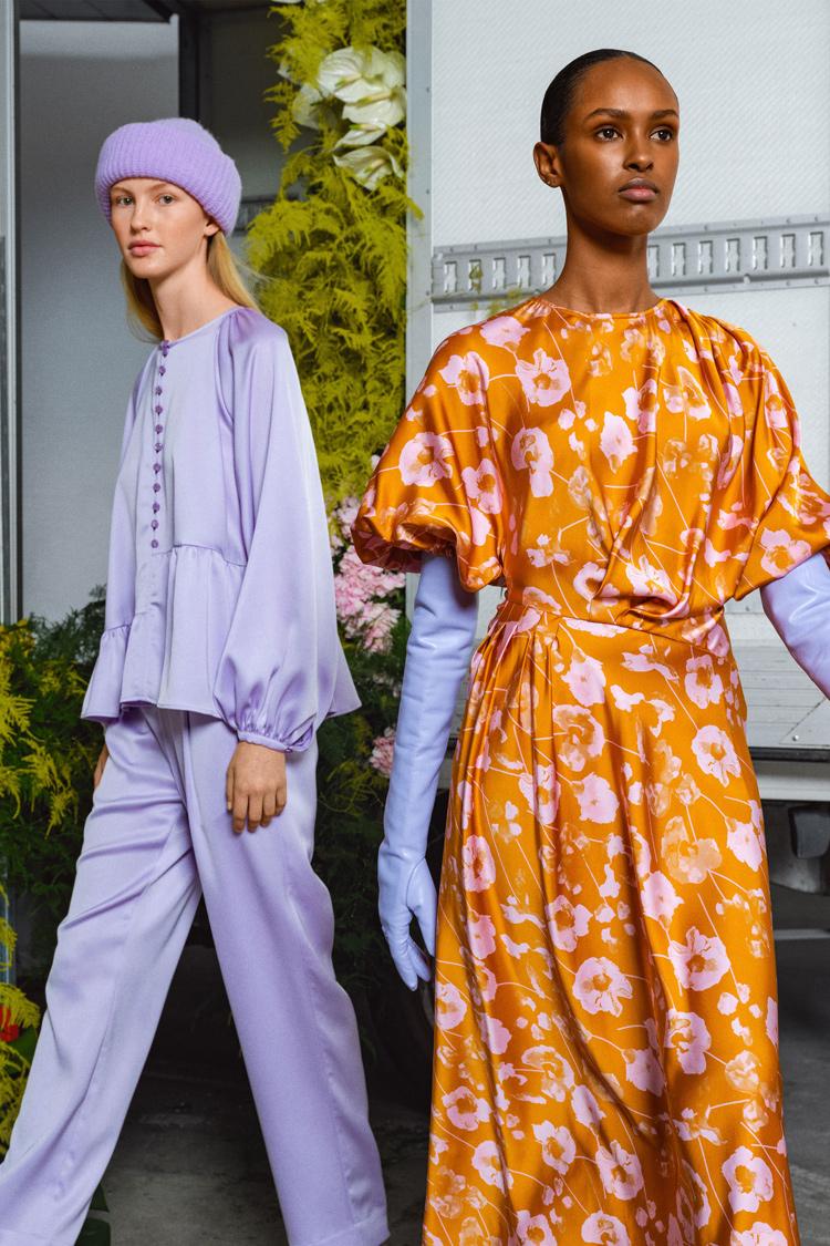 

Women's Two Piece Pants Lilac Acetate Satin Button-Up Ruffles Blouse/Straight Wide-Leg Set Lantern Balloon Sleeve High-Low Ruches Shirt Loun