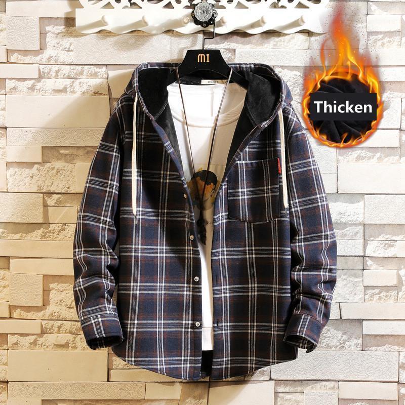 

Men's Casual Shirts 2022 Autumn Winter Plus Fleece Cotton Lattice Hooded Long-sleeved Shirt Warm Padded Tops Size, 5261-apricot-thick