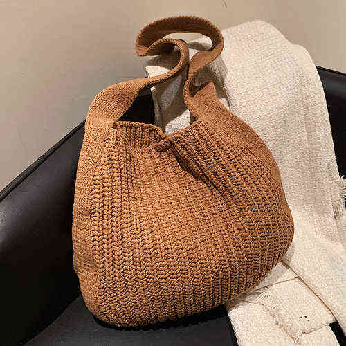 

Knitted Wool Women's Bag 2021 Vintage Trendy Autumn Winter Large Capaicty Ladies Handbags Fashion Casual shoulder Shopping Bag Y220401, Brown