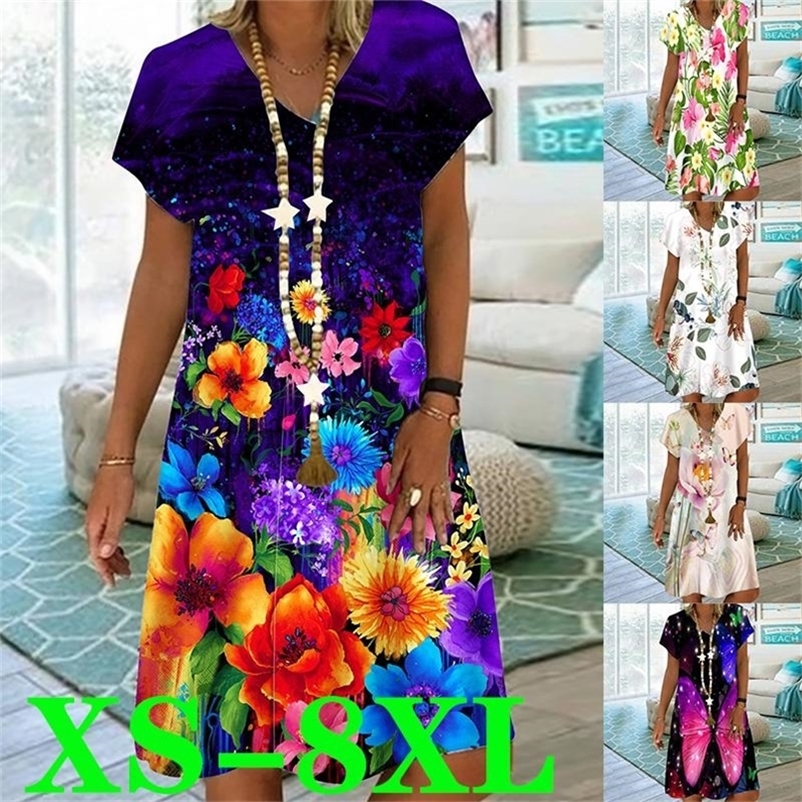 

women s summer casual loose dress printed V collar short sleeve fashion plus size party  9XL 220614, Green