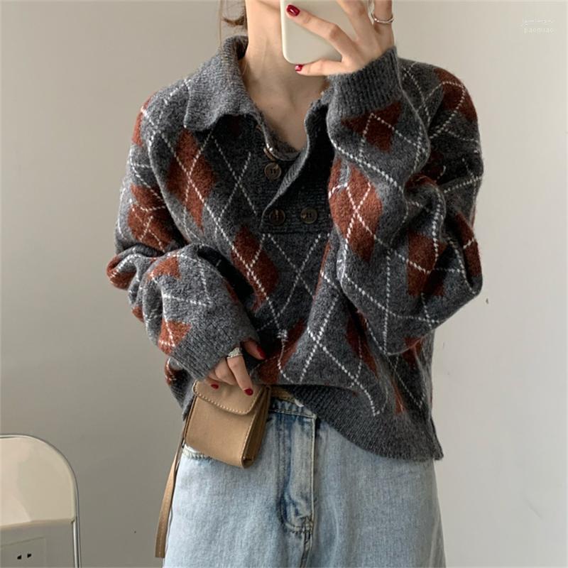 

Women's Sweaters Alien Kitty Sweet Lapel Warm Pullover Chic OL 2022 Women Knitted Stylish Plaid Argyle Jumpers Outwear Gentle Jemi22, Brown