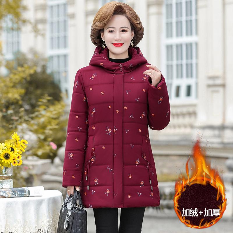 

Women's Trench Coats Middle-aged And Elderly Women's Cotton Coat Printing Hooded Plush Thick Warm Jacket Women Parka OutwearWomen's, Purple