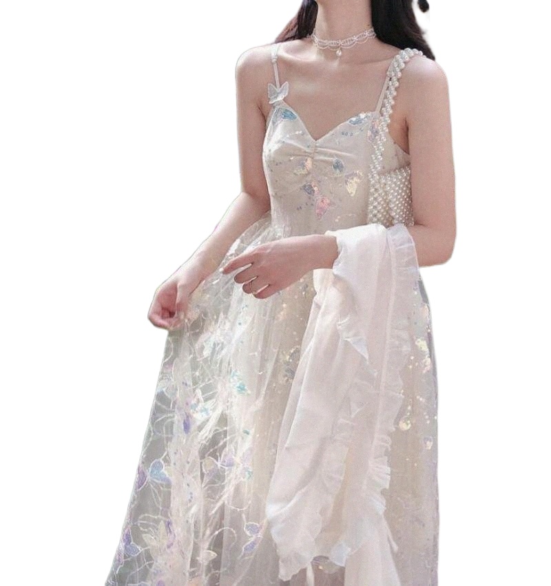 

casual Dresses NONSAR Fairy Elf Princess Sling Dress Butterfly Printed Mesh Material Lady Retro Sleeveless Female Summer 2PCS 15hs#, White