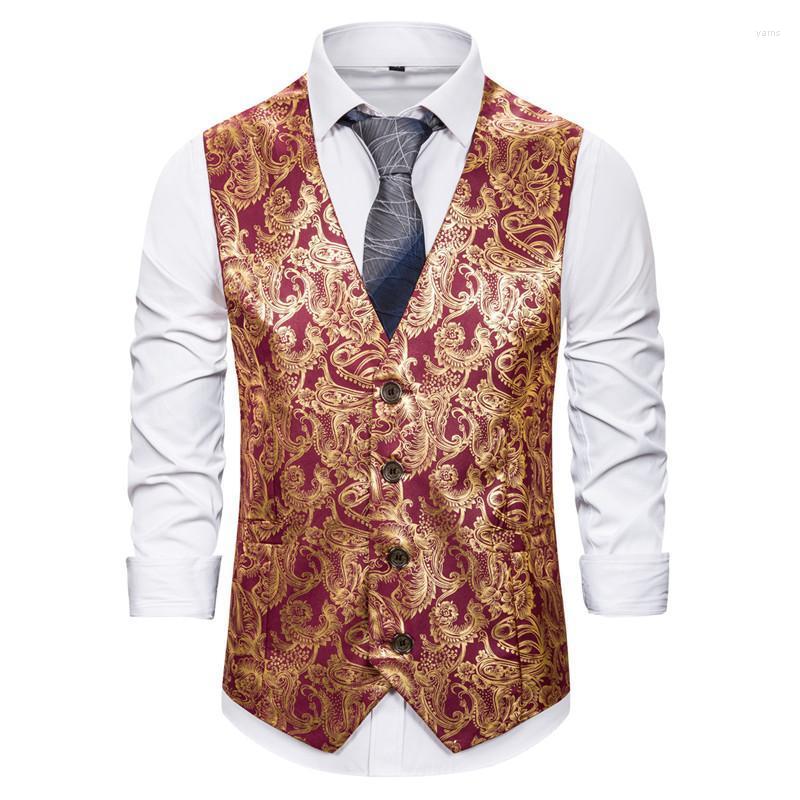 

Fashion Slim Wild Business European Size Bronzing Cashew Nut Print Men's Suit Vest Wedding Waistcoat Weste MJ208 Vests, Gold