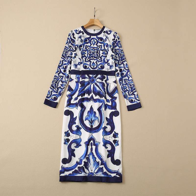 

2022 Summer Fall Long Sleeve Round Neck 16MM Blue Paisley Print Natural Real Silk Mid-Calf Dress Elegant Casual Dresses 22Q242142