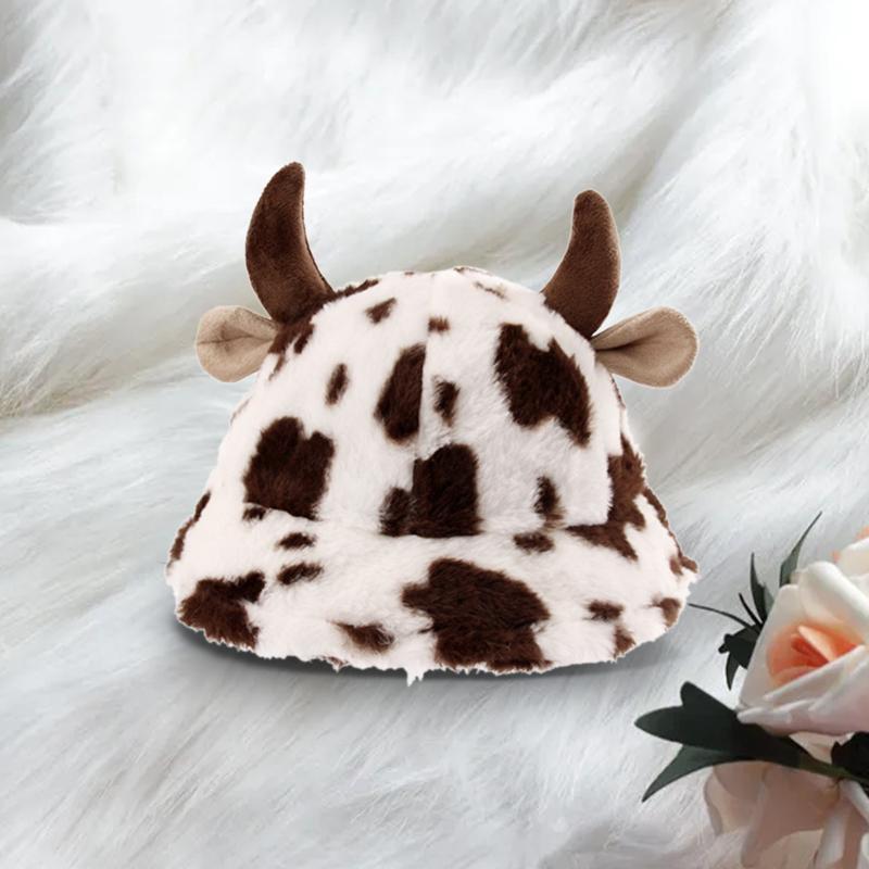 

Berets Autumn Winter Warm Bucket Hat Women Kawaii Milk Cow Pattern 3d Horn Fisherman Plush Faux Fur Velvet Panama Wool CapsBerets, Black