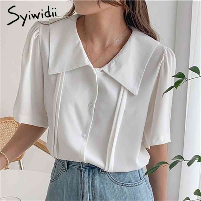

Button Blouses Women Peter Pan Collar Single Breasted Clothes Casual Solid Tops Summer Korean Fashion Shirts 210607, White
