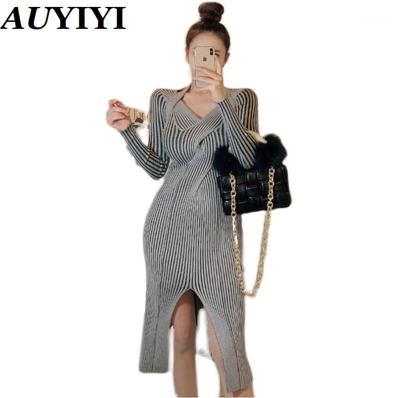 

Casual Dresses AUYIYI 2022 Autumn And Winter Ladies Fashion Temperament Design Sense V-Neck Tight-Fitting Split Knit Sweater Dress, Gray