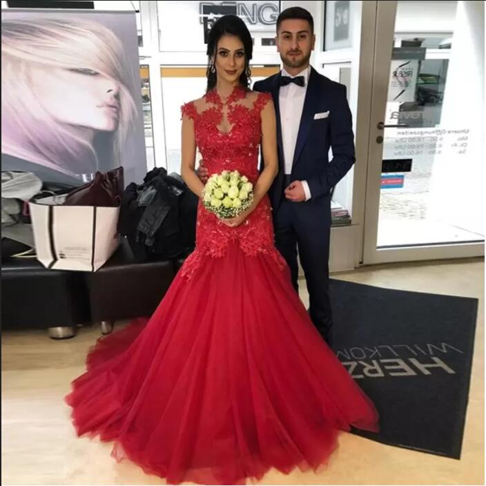 

Mermaid Evening Dresses Custom High Neck Sleeveless Lace Applique Tulle Vestido De Festa Longo Prom Gowns for Women, Red