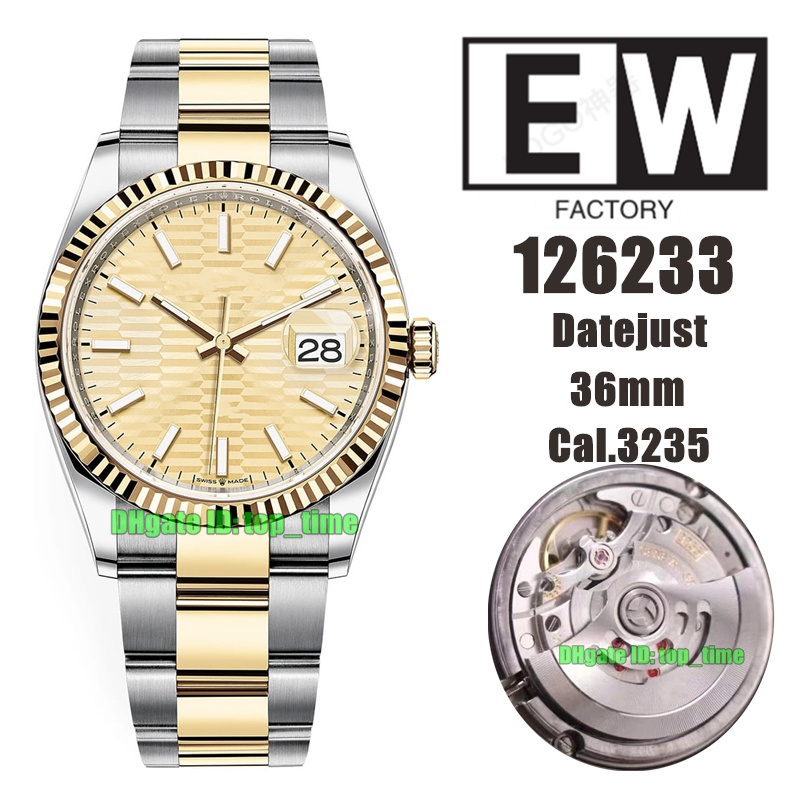 

EWF Top Quality Watches 126233 Date 36mm 904L Cal.3235 Automatic Mens Watch Champagne Fluted Dial Yellow Gold Two Tone Stainless Steel Bracelet Ladies Wristwatches, Vip