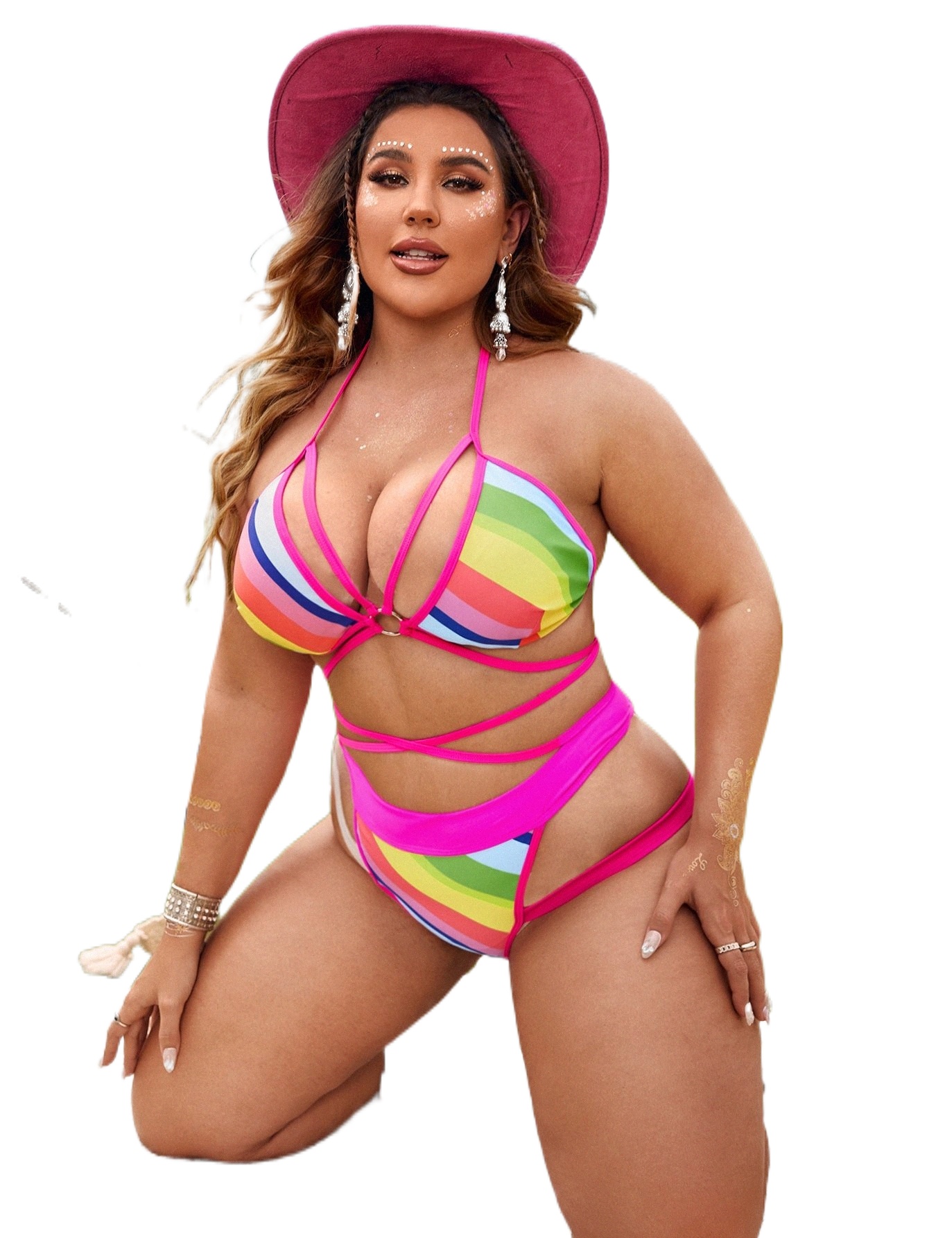 

plus Block Striped O-ring Contrast Binding Halter Triangle High Waist Bikini Swimsuit J7qj#, Multicolor