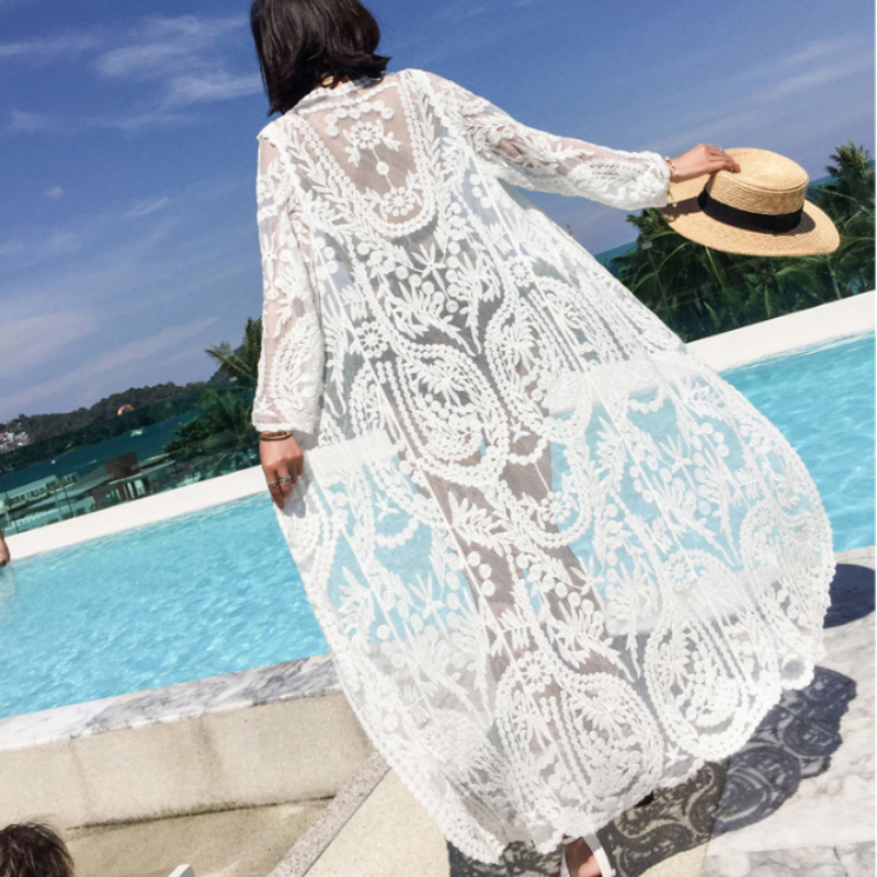 

Womens Swimwear Beach Cover Dresses Beach White Lace Summer Maxi Dress Women Long Sleeve Up Sexy See Through Boho Bikini Beachwear Cover-ups, White(length 100cm)