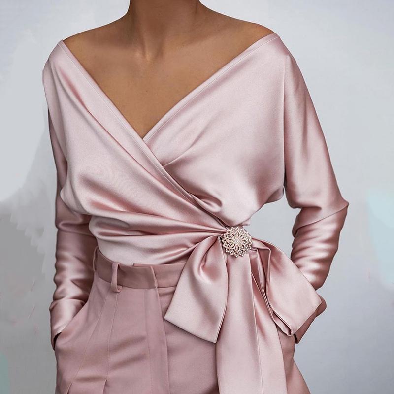 

Women' Blouses & Shirts 2022 Women Casual V Neck Tied Detail Satin Long Sleeve Top Elegant Office Lady Workwear Autumn Outwear Loungewear, Pink