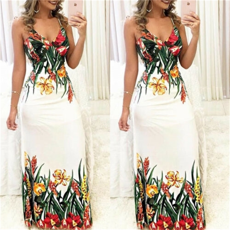 

Women  Summer Beach Maxi Boho Floral Dress Sexy Strappy V Neck Evening Party Club Women Long 220614, White