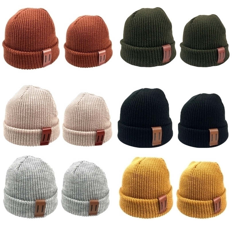 

Baby Knit Hat for Boys Girls Autumn Winter Warm Kids Beanie Adult Children ParentChild Hats born Baby Cap with Leather Label W220815, Yellow