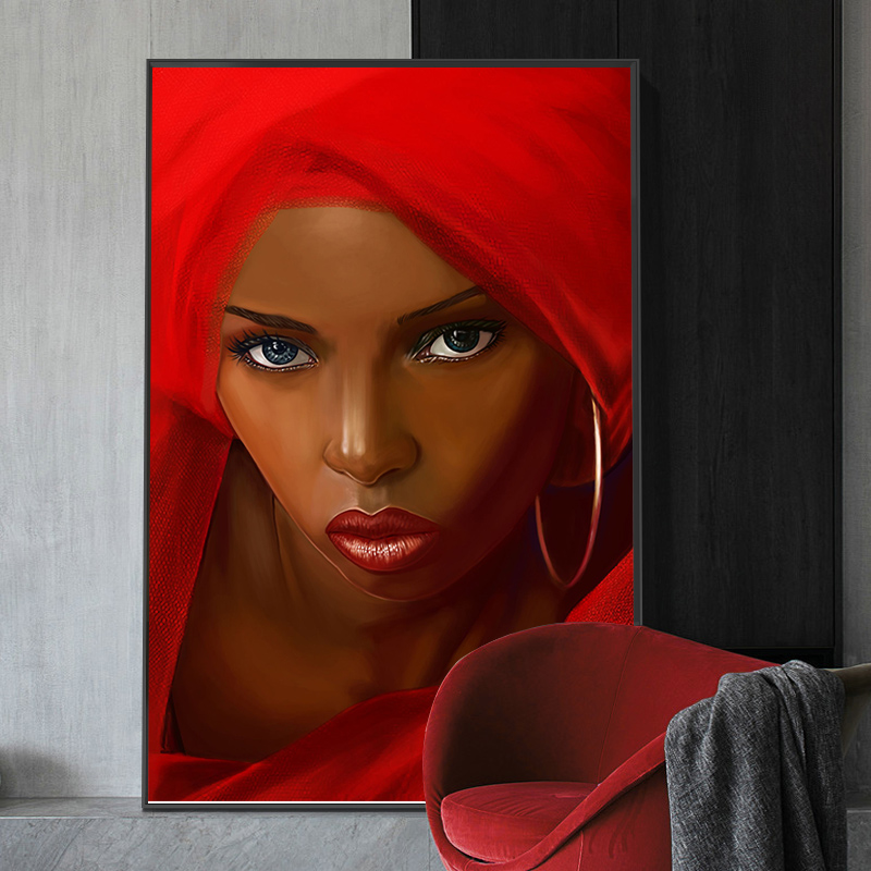 

African Black Woman With Red Dress Oil Painting on Canvas Cuadros Posters and Prints Scandinavian Wall Art Picture Home Decor