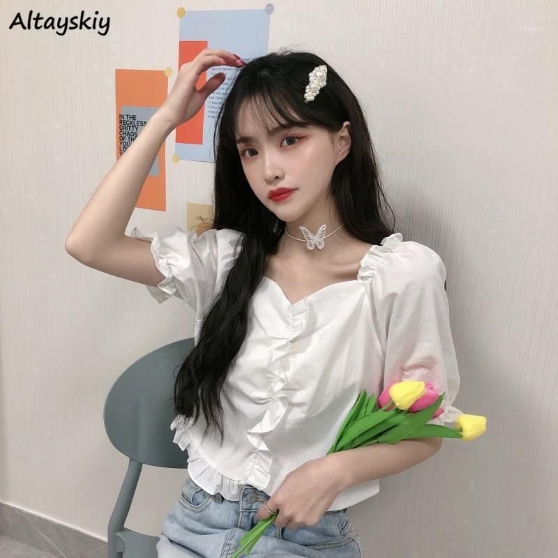 

Women' Blouses & Shirts Women Lovely Folds Puff Sleeve Summer All-match Solid Korean Style Ladies Casual Slim Cropped Tops Elegant, White