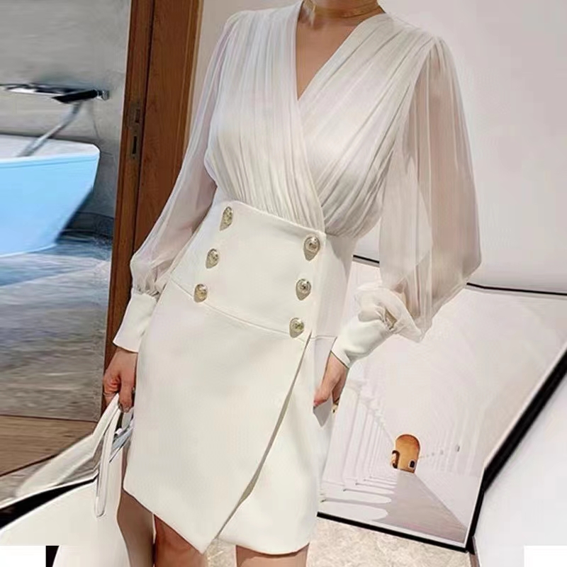 

Balm2022 Women's New Autumn Party Dinner Dress Ladies Classic Designer Fashion Dress Spring High-grade Double-breasted Fashion Sexy Skirt Birthday Gift Christmas, White
