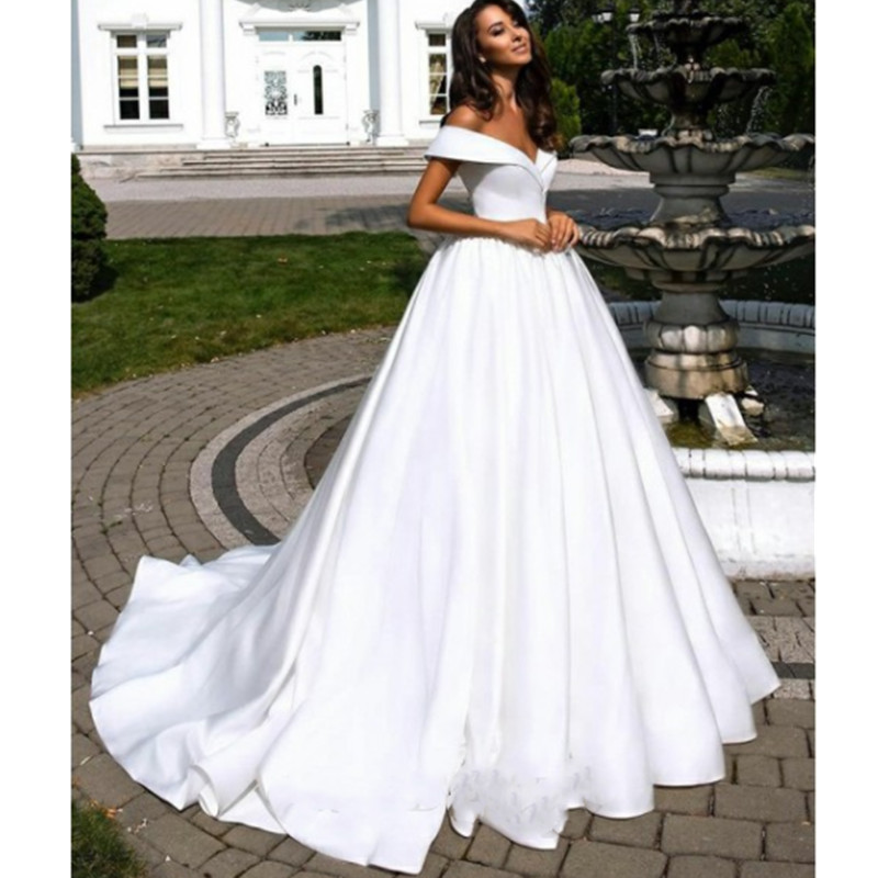 Elegant Plus Size A line Wedding Dresses Sexy Off Shoulder White Satin Saudi Arabian Bridal Gown-image-762337386