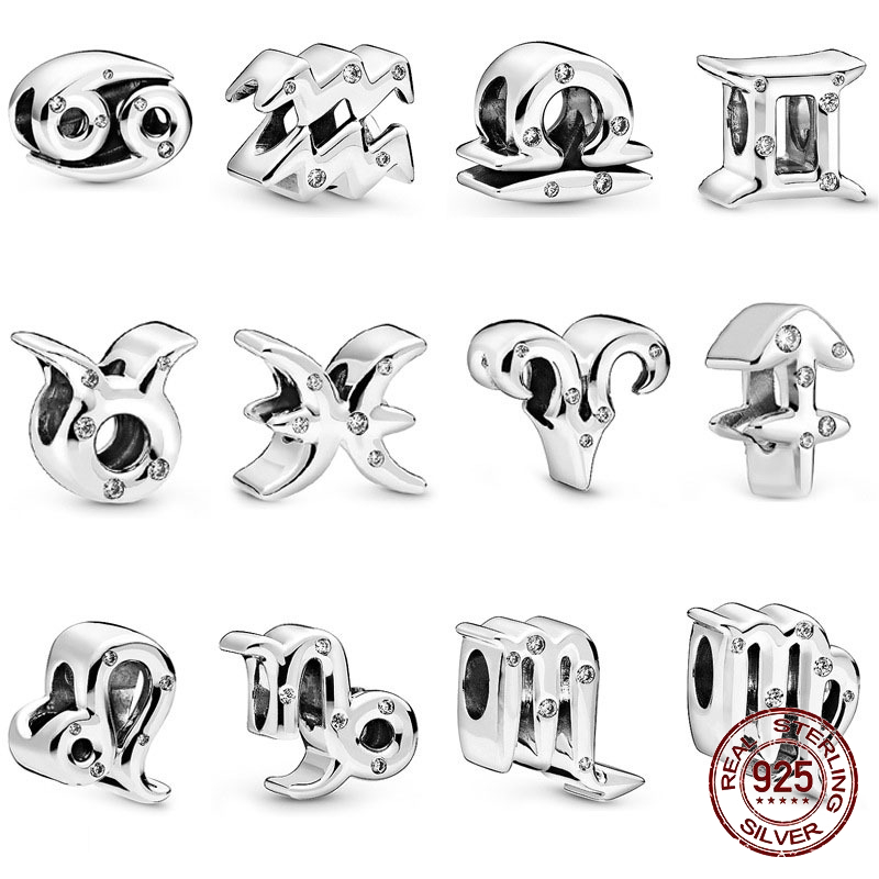 

New Fashion Real 925 Sterling Silver Twelve constellations Charm Name Bead Original Fit Pandora Bracelet Pendant Jewelry gift