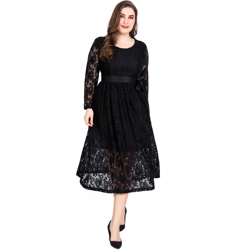 

Plus Size Dresses Summer Autumn Women Dress Elegant Lace Hollow Out Long Sleeve Ruffles Party Slim Bodycon Ladies Office DressesPlus, Black