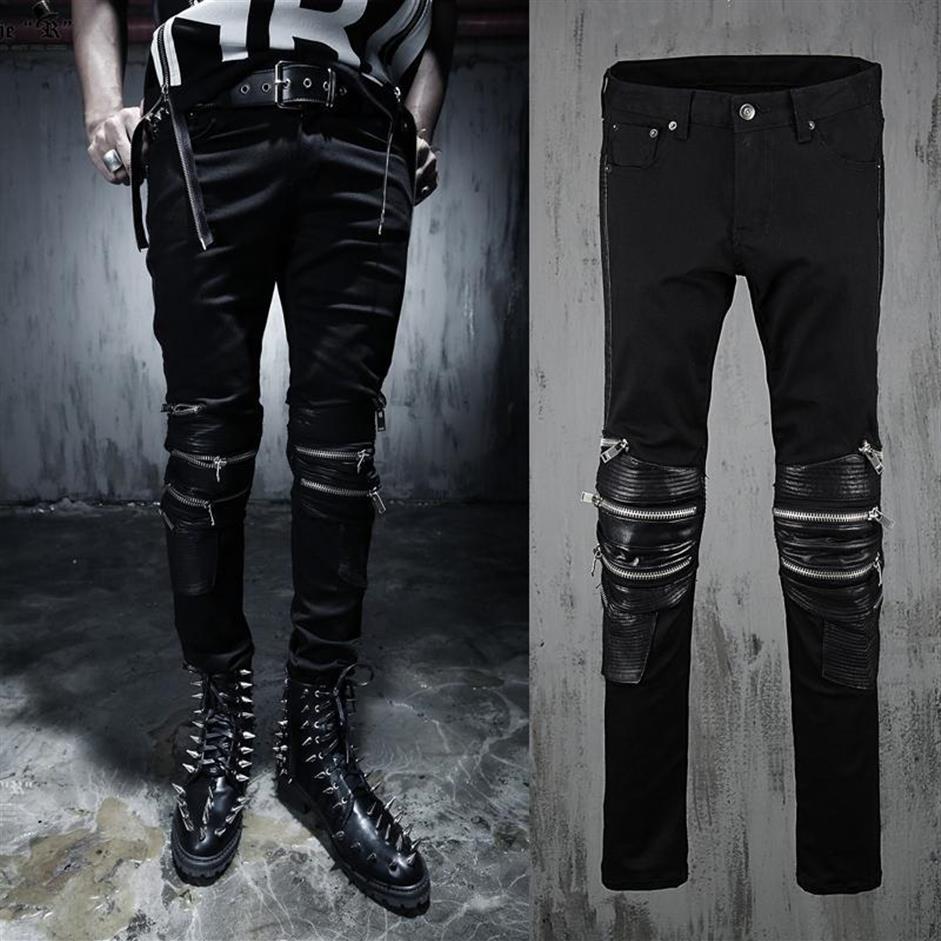 

2018 Men Punk Biker Jeans Black PU Leather Spliced Motorcycle Jeans Zippered At Knees New 2016 Celebrity Same Style 305g