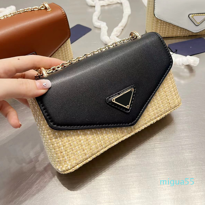 

Designer Straw Mini Crossbody Bag Women Luxurys Designers Bags Brand Triangle Leather Patckwork Flap Handbags Lady Weave, Black