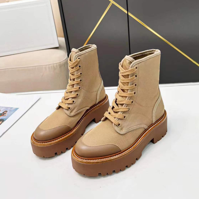 

Autumn Winter Lace Up Boots Chunky Platform Boot Leather Round Head Combat Boots Luxury Designer Nylon Boots With BOX NO396