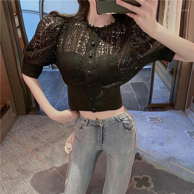 

Women's Blouses & Shirts 2022 Spring Lace Up Hollow Out Puff Sleeve Mid Length Shirt Elegant Fashion Termperament Solid Outgoing Women Top, Black