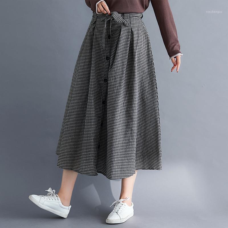 

Skirts Arrival Spring High Waist Slim Button Linen Plaid Long Women Loose Casual DM001, Black