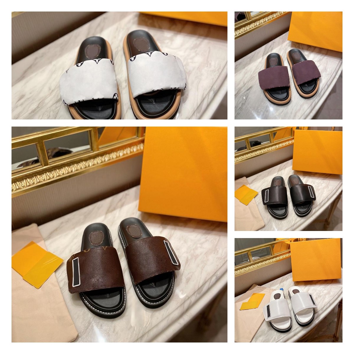 

Designers Women Velcro Slippers POOL PILLOW COMFORT Smooth Calfskin Flat Letter Mules Fashionable Easy-to-wear Rubber Bottom Width Slides