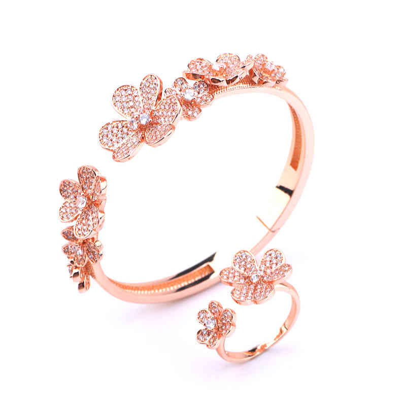 

Fashion zircon clover Bracelet small frh open bracelet ring set women's light luxury hand ornaments