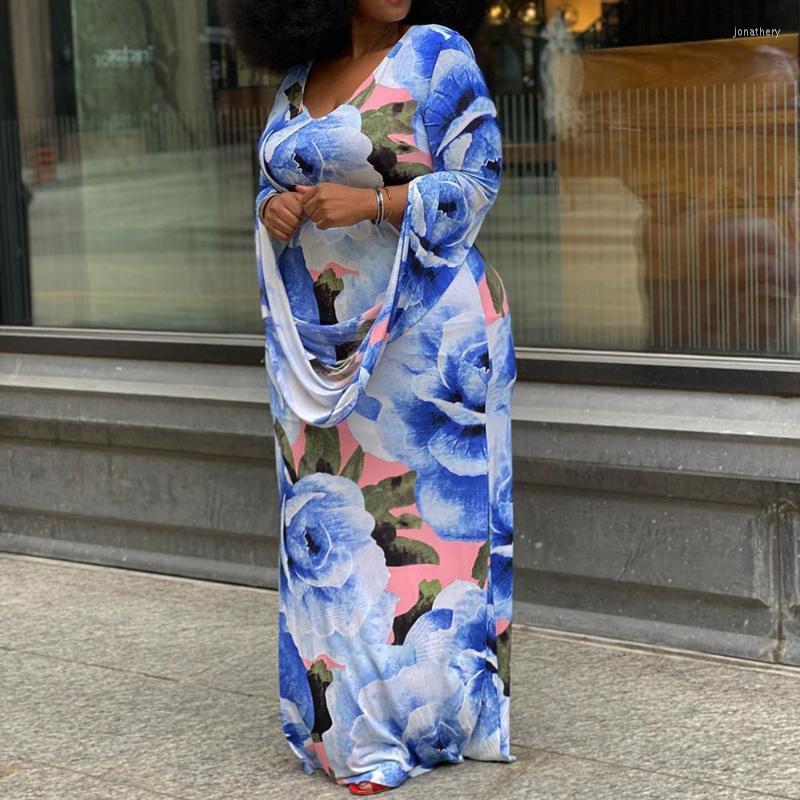 

Plus Size Dresses Dress Women Bohomian Casual Fashion Flower Print Long Maxi Robe Bodycon Hawaii African Lady 2022 Jona22, Blue