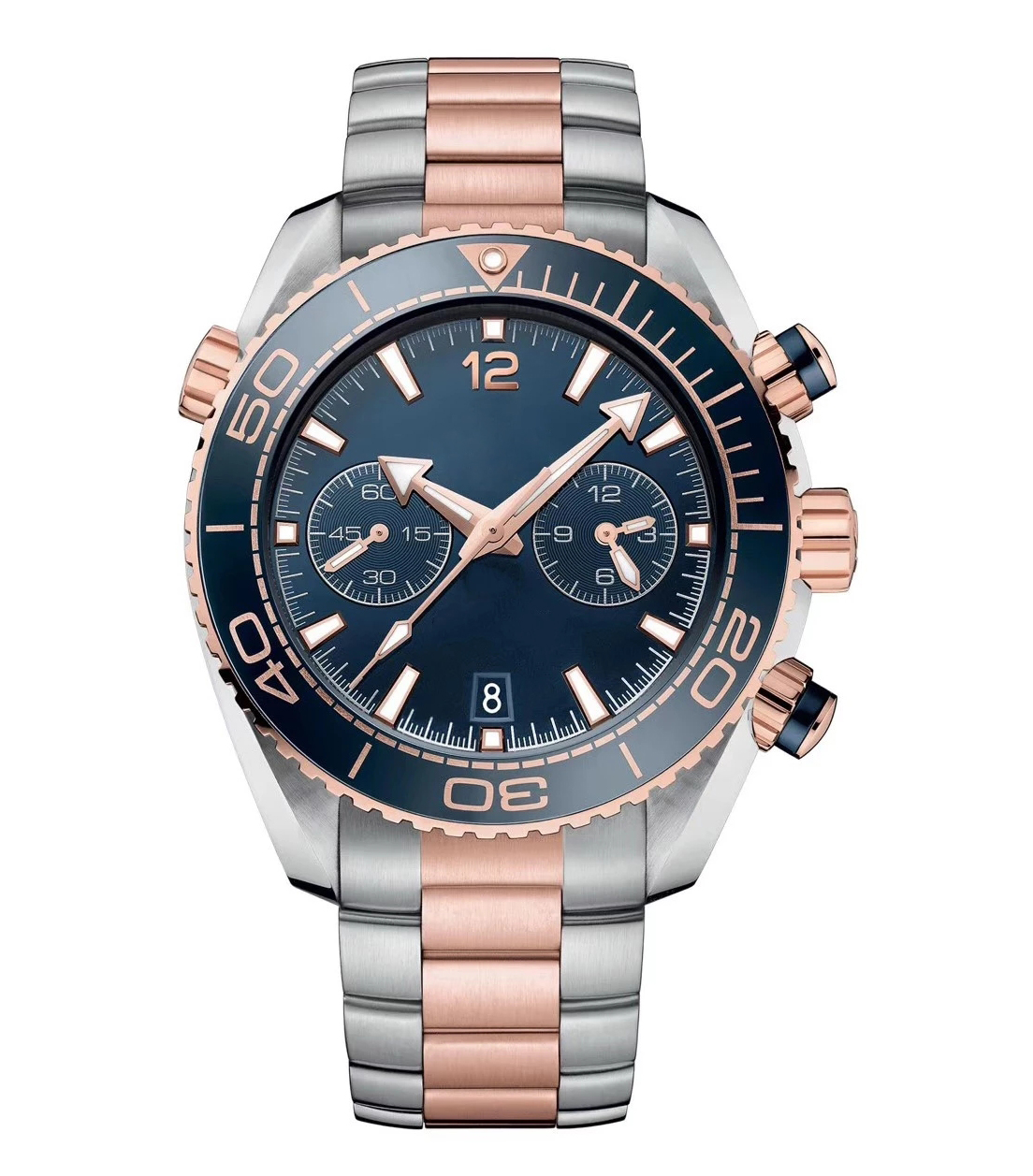 

44mm Male Wristwatch Men Sport Watch quartz Chronograph Rose Gold Blue Leather Strap Sapphire Crystal Waterproof Ceramic Bezel, Make waterproof 50m